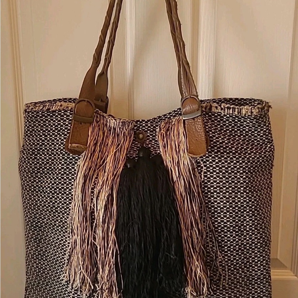 Anthropologie Black and Brown Fringe Tote